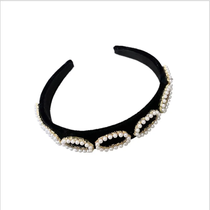 

New headband pearl hair accessories women solid color sponge headband flannel alloy inlaid pearl hollow headbeads girl hair band