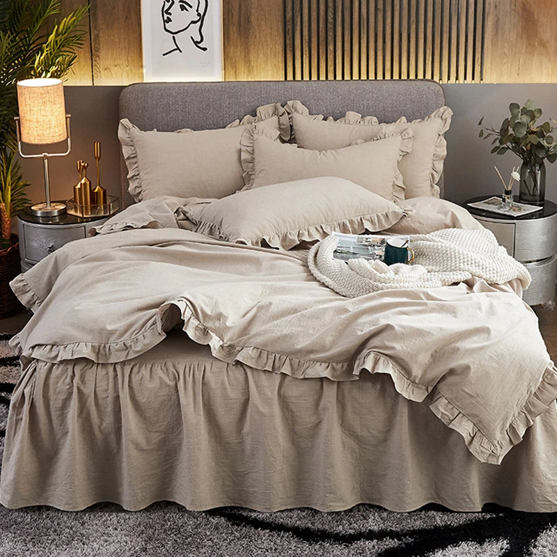 

Simple Brief Style 100% Cotton Four Pieces Bedding Set Solid Bed Skirt Duvet Cover Pillow Cases X56