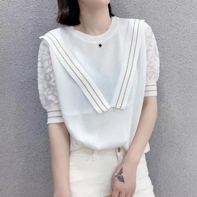 

Summer 2021 Stitching Round Neck Age Reducing Hollow Out Short Sleeve Western Style Knitted Ice Silk Top Women's Trend