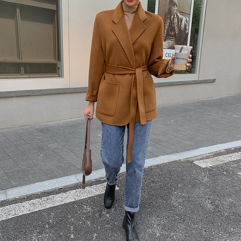 

2021 Autumn Solid Color Suit Collar Double Side Handmade Short 100% Wool Coat Women Korean Loose Lacing Belt Woolen Overcoat