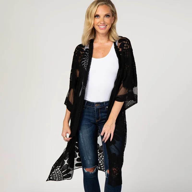 

New Sexy Lace Cut Out Hook Flower Medium Length Cardigan Beach Blouse Beach Resort Swimsuit
