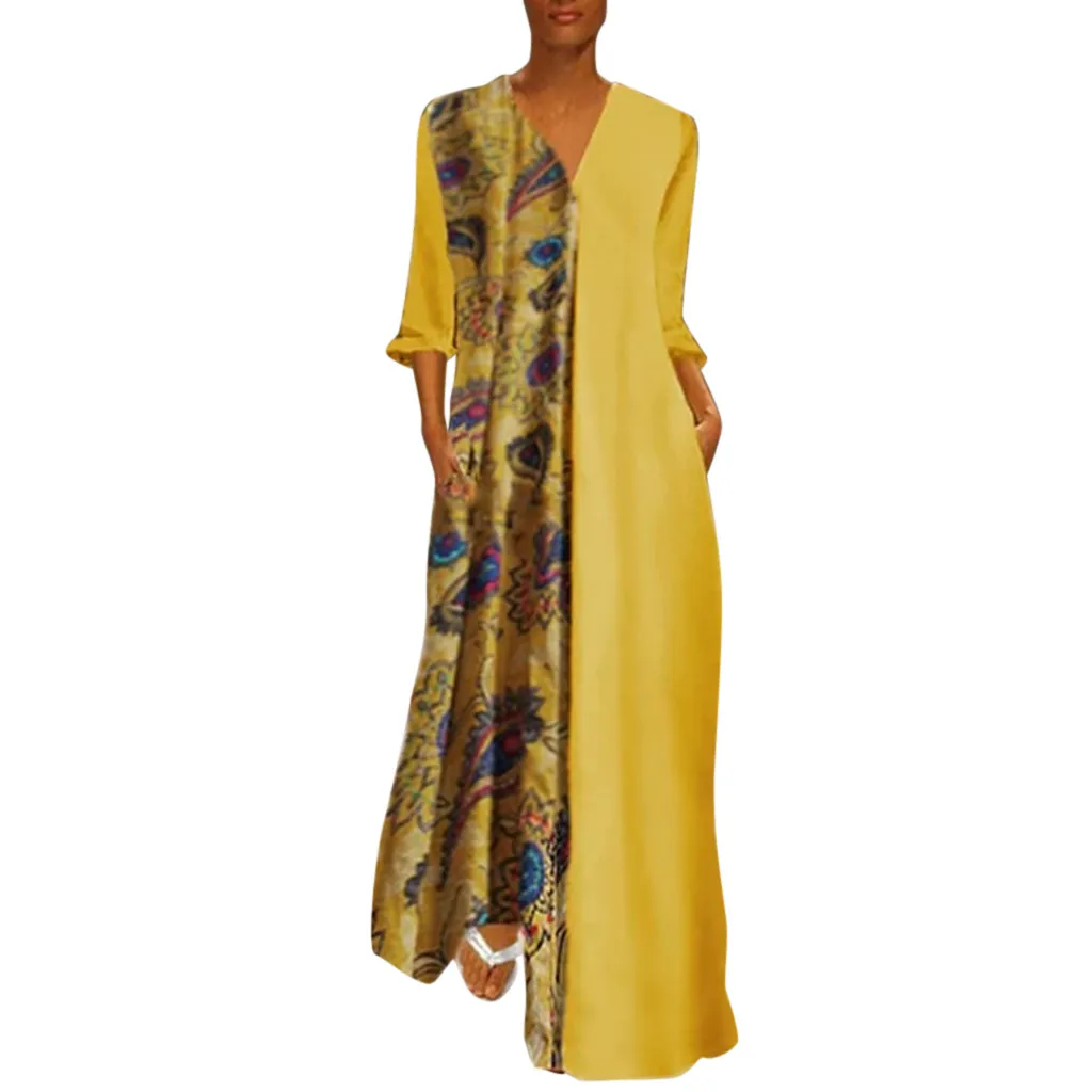 Винтажное Макси платье для женщин повседневное Свободное с v образным вырезом и