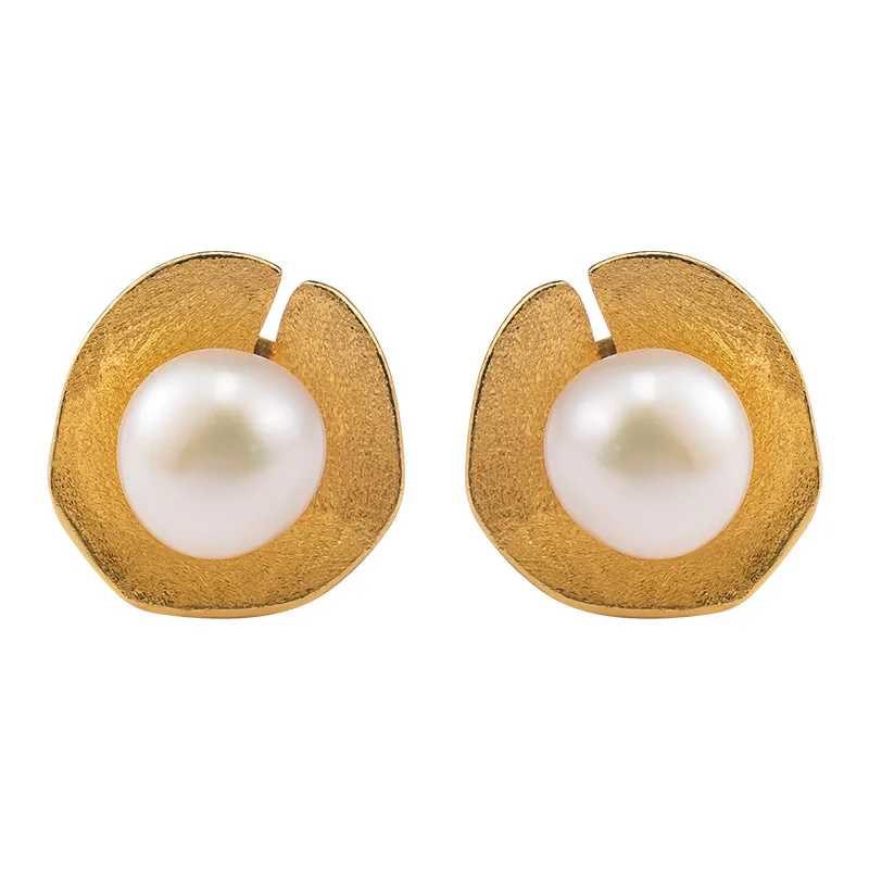 925 Sterling Silver Lotus Leaf Pearl Stud Earrings For Women Original Handmade Female 18k Gold Vintage Jewelry Flyleaf Hot Sale