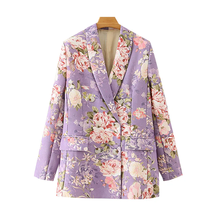 

Vintage Floral Print Blazer Women 2021 Fashion Double Breasted Coat Long Sleeve Pockets Female Outerwear Chic Tops Fall Clothes
