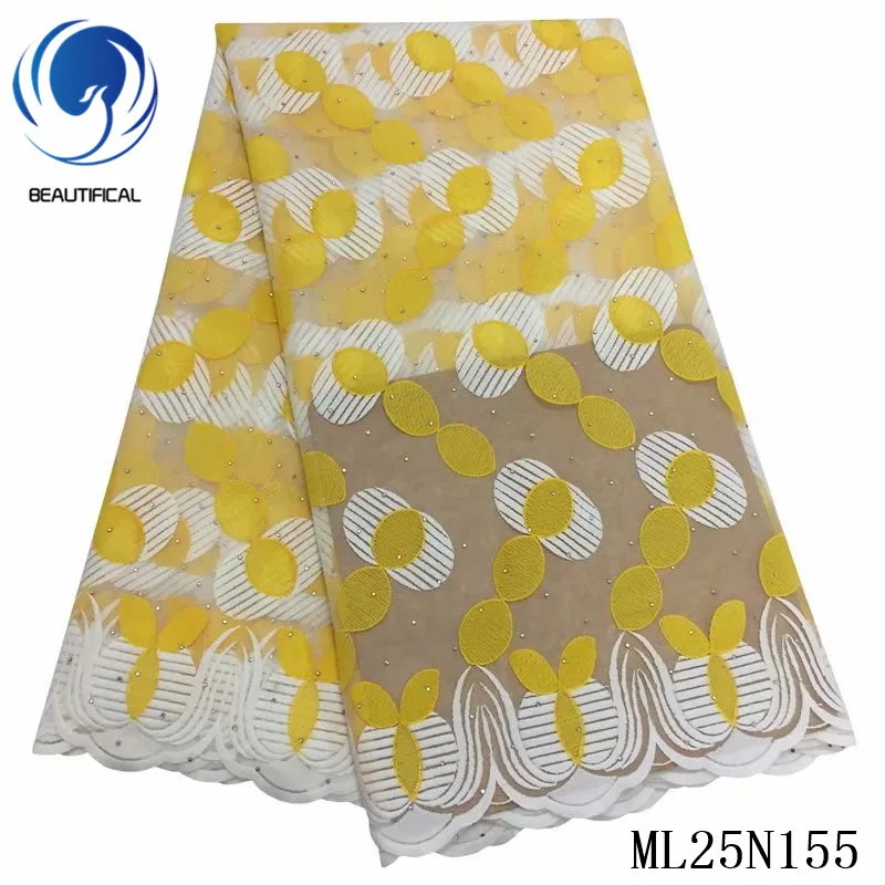 

Beautifical nigerian lace fabrics Wholesale price nigerian tulle lace fabric with stones white/yellow embroidery lace ML25N155