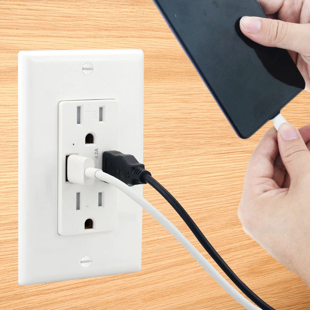 

US Standard 4.2A USB Receptacle Outlet, Type C Supports PD & QC 3.0, Type A Supports QC 3.0, 15 Amp Tamper Resistant Outlets