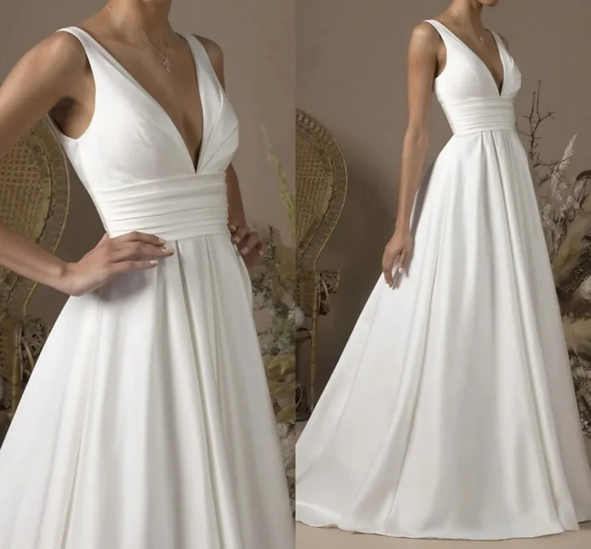 

Простое атласное свадебное платье А-силуэта, с V-образным вырезом, длиной до пола, со складками, на бретелях, свадебное платье, свадебное плат...