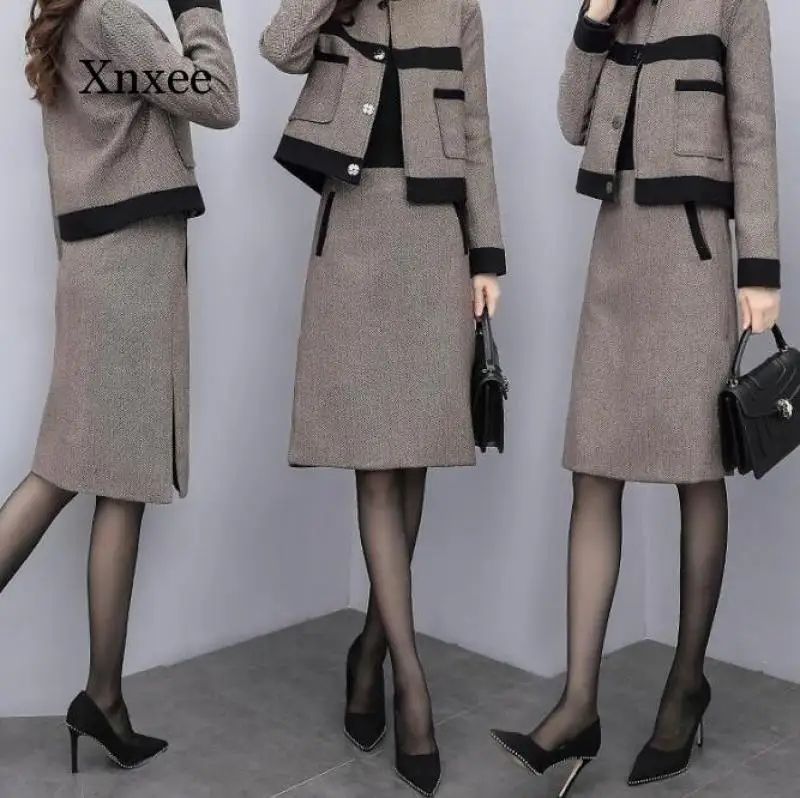 

Женский винтажный шерстяной костюм, коричневый деловой зимний комплект из пиджака и юбки, в Корейском стиле