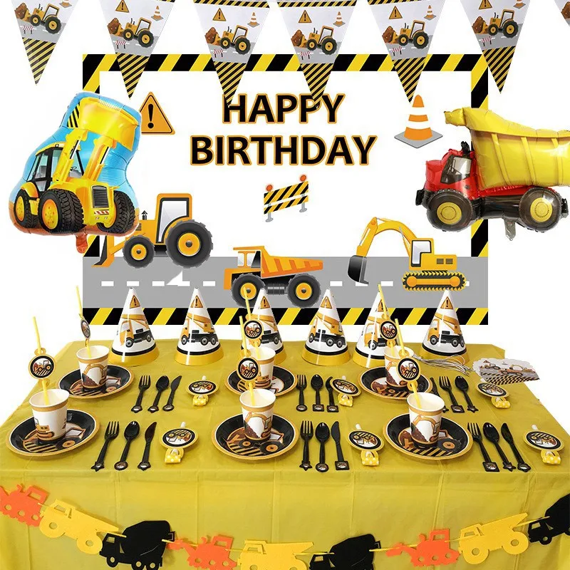 

Construction Disposable Tableware For Vehicle Birthday Party Decorations Excavator Truck Bulldozer Cupcake Topper Banner Balloon