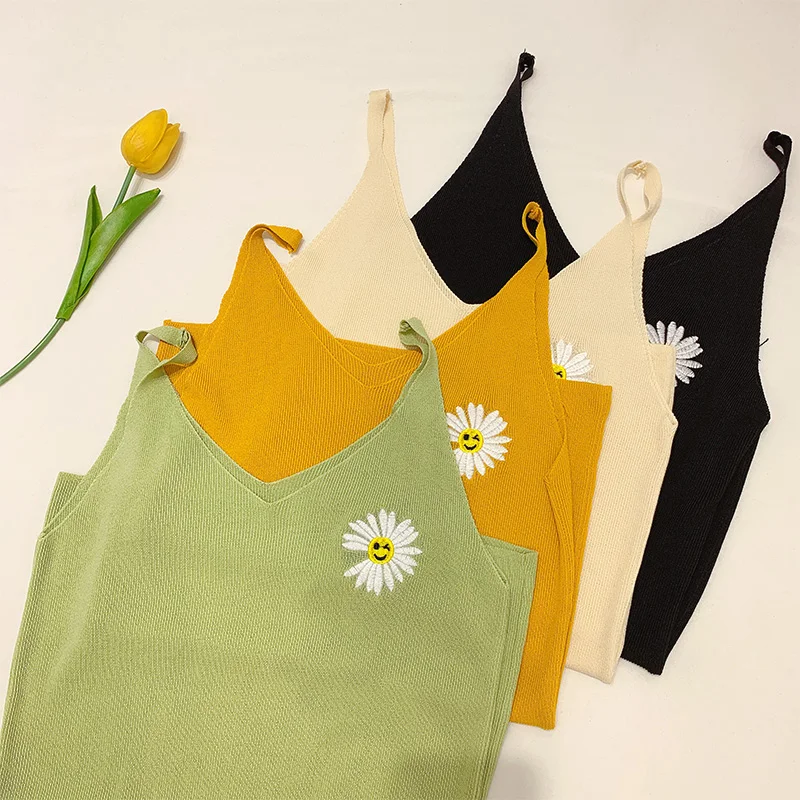 Летний Эластичный трикотажный топ на бретелях для женщин новые милые базовые