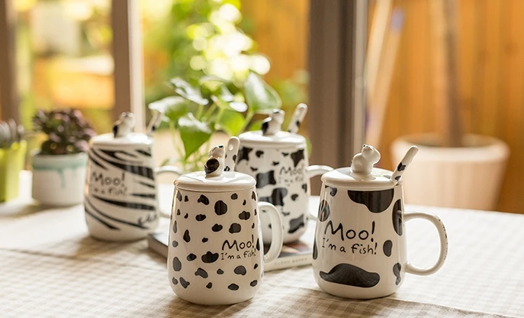 Мультяшная молочная корова, молочная чашка, милые животные, керамические кружки, креативная чайная кружка с крышкой, ложка, кофейная чашка, для дома, офиса, посуда для напитков, чашки для воды