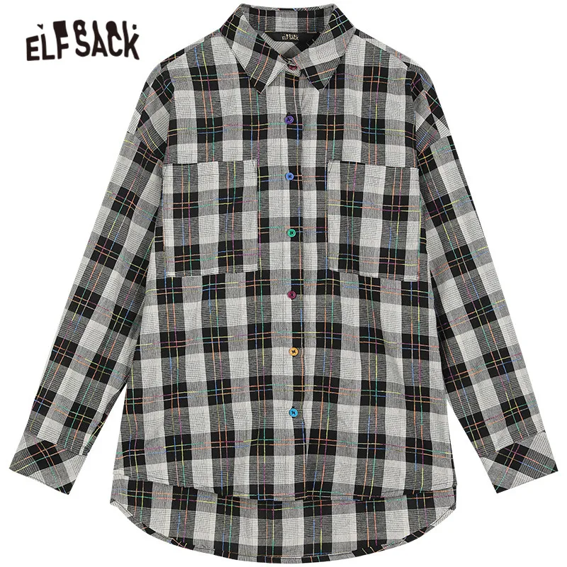 

ELFSACK Plaid British Single Breasted Casual Shirt Women,2021 Spring Vintage Full Sleeve,Korean Ladeis Basic Daily Chic Top