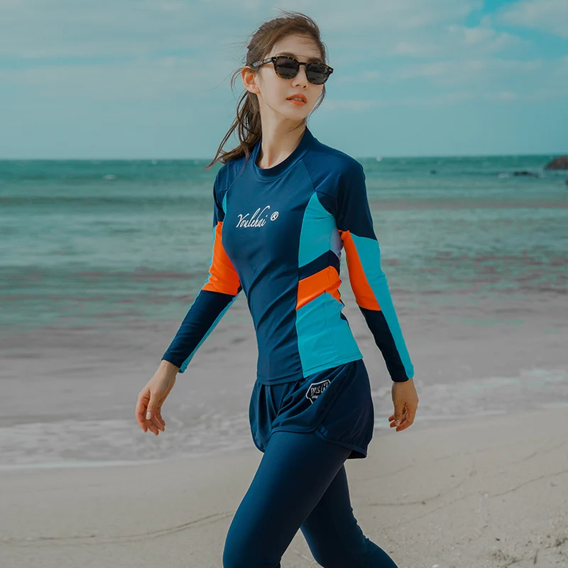 

Sport Full Sleeve Zipper High-neck 4 Pieces Swimsuit Women Swimwear Female Patchwork Surfing Bathing Suit Long Pants
