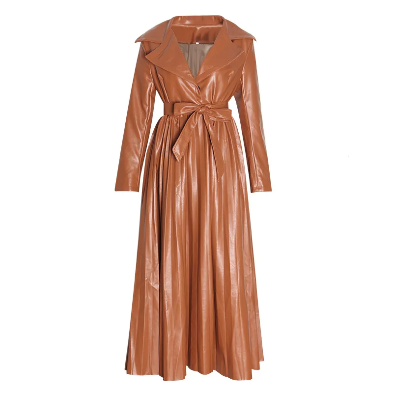 2019 Autumn Runway Woman PU Leather Coats High Waist Long Sleeve Pleated Sashes Elegant Tops | Женская одежда