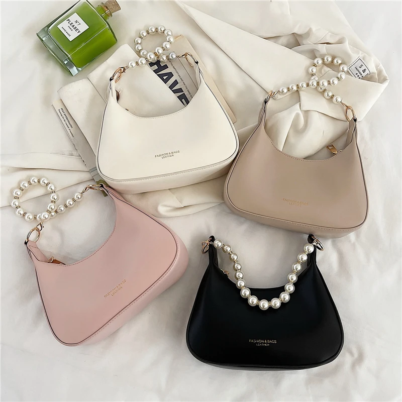 

Summer Trend Half Moon Baguette Twist Shoulder Bags For Women Fashion Pearl Handle High Quality Smooth PU Leather Crossbody Bags