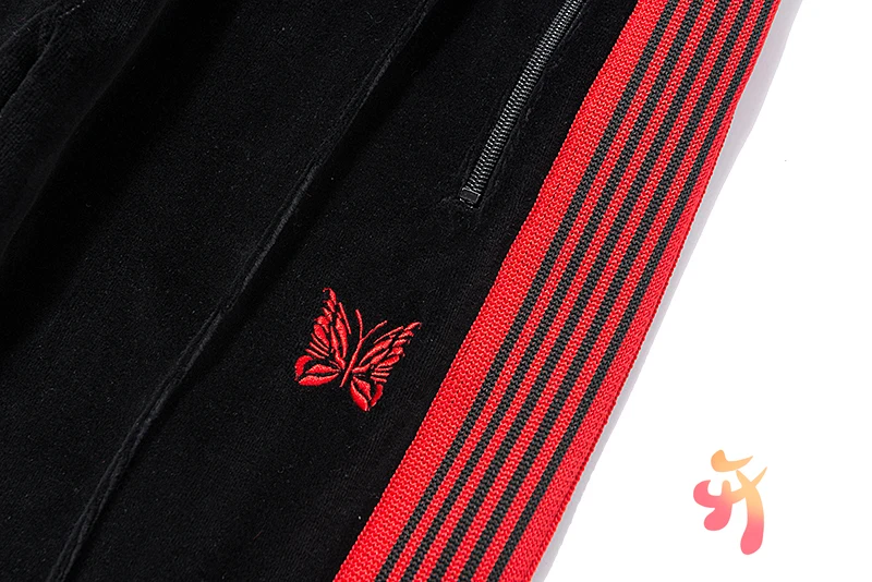 

AWGE Needles Sportswear High Quality Velvet Red Butterfly Embroidery Sweatshirt Oversize Men's Women's Side Ribbons Sweatpants
