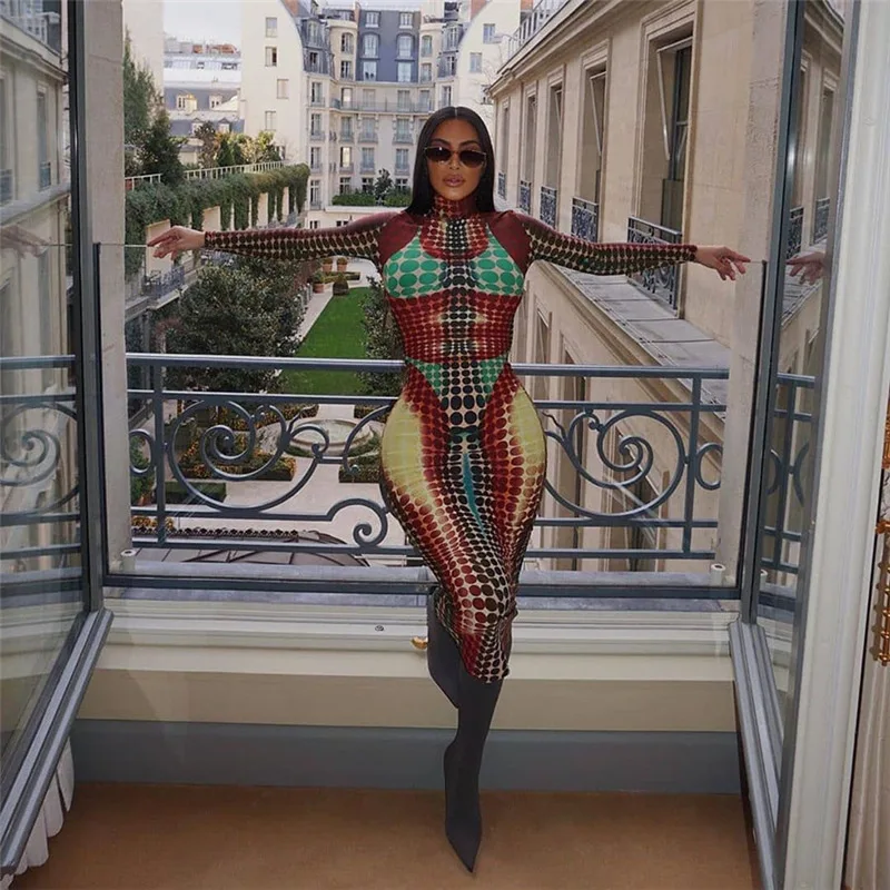 

Женское облегающее платье в горошек с длинным рукавом, платье с высоким воротником и эстетичным принтом, эластичная Клубная одежда для фитн...