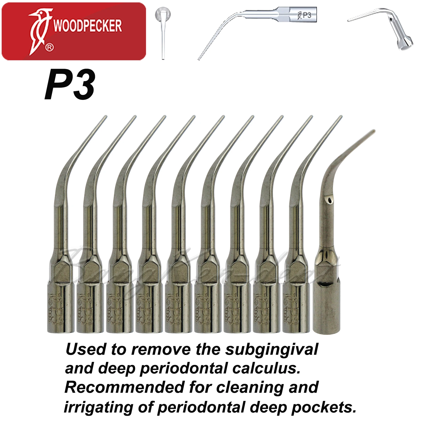 10pcs Woodpecker Original Dental Periodontics Ultrasonic Scaler Tips Subgingival Calculus Scaling P3 Fit EMS UDS