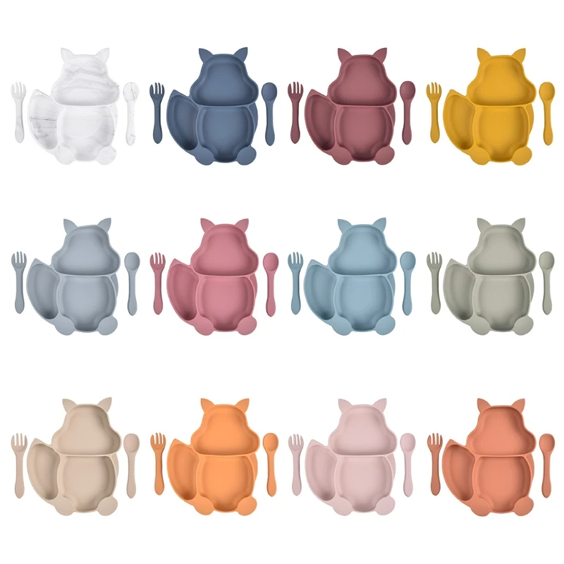 

Silicone Squirrel Shape Baby Divided Feeding Plate with Spoon Fork Set Non Slip Training Food Utensil Toddlers Tableware
