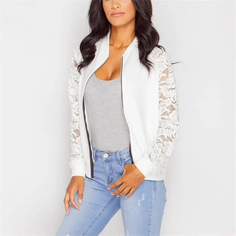

Womens Zipper Female Bomber Jacket Outwear Solid Color Fashion Long Sleeve Lace Crochet Biker Coat
