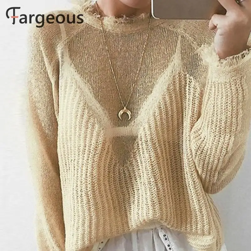 Женский трикотажный пуловер с кисточками однотонный джемпер вырезами в стиле