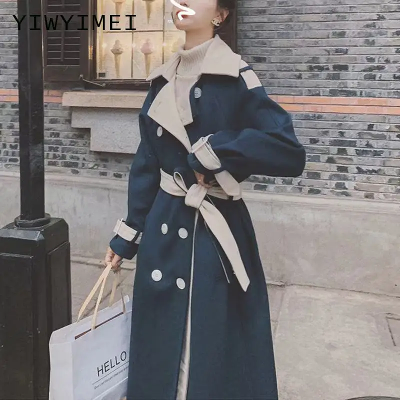 

Women's Long Coat for Spring or Warm Autumn Lady Fashion with Belt Blue Coat