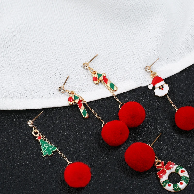 

Christmas New Years Gifts Santa Claus Tree Crutch Pompom Christmas Accessories Dangel Earrings for Girls Eardrop Accessories