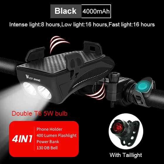 4000 mAh Black Set WEST BIKING 4 в 1 велосипедный светильник вспышки светильник велосипед Рог сигнализации колокол держатель телефона Мощность банка для велосипеда, аксессуары для езды на велосипеде, спереди светильник - Цвет: 4000 mAh Black Set
