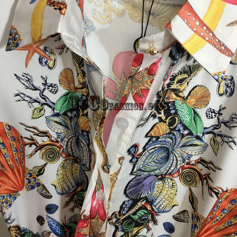 

Luxury Design High end fashion women new dresses 21 Retro starfish and shell print dresses Custom waist long sleeve woman dress