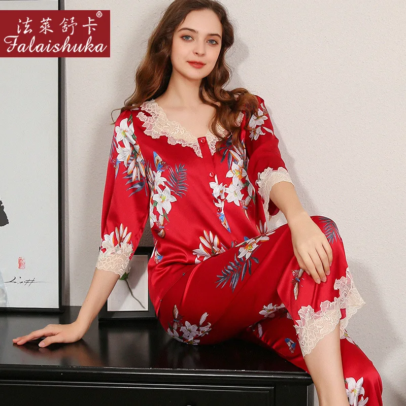 Woman 100% Sexy Silk Pajamas Sets Floral Print Red Pink Sleep Wear 2021 Summer Home Wears Two Piece Pajamas Suit Sleepwear