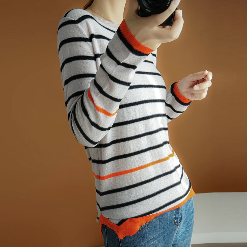 2019 New 100% Cashmere Wool Round Neck Loose Contrast Striped Knit Sweater Top Quality Women/Ladies O-neck Knitting Pullover | Женская