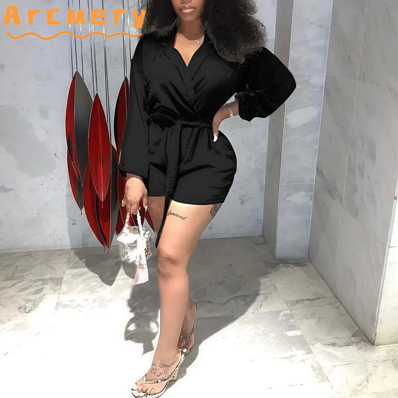 

Women Long Sleeve Turn Down Collar Belt Casual Romper