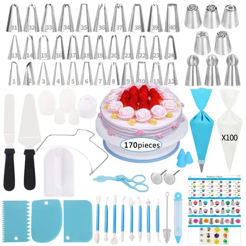 

170pcs Turntable Smoother Cake Decorating Tools Dessert Decorators Russian Icing Piping Nozzles Pastry confectionery Bag Pen