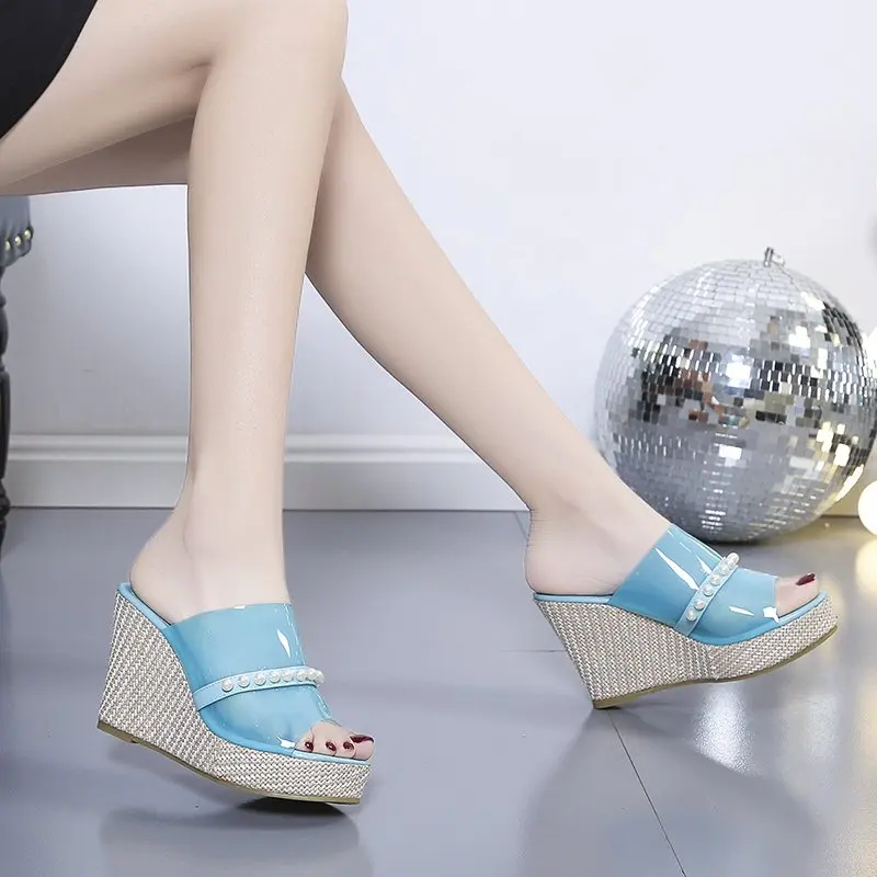 

Shoes Lady Woman's Slippers On A Wedge Platform Slides Fashion Heeled Mules Girl 2021 Luxury High Soft Summer PU Fabric Rubber