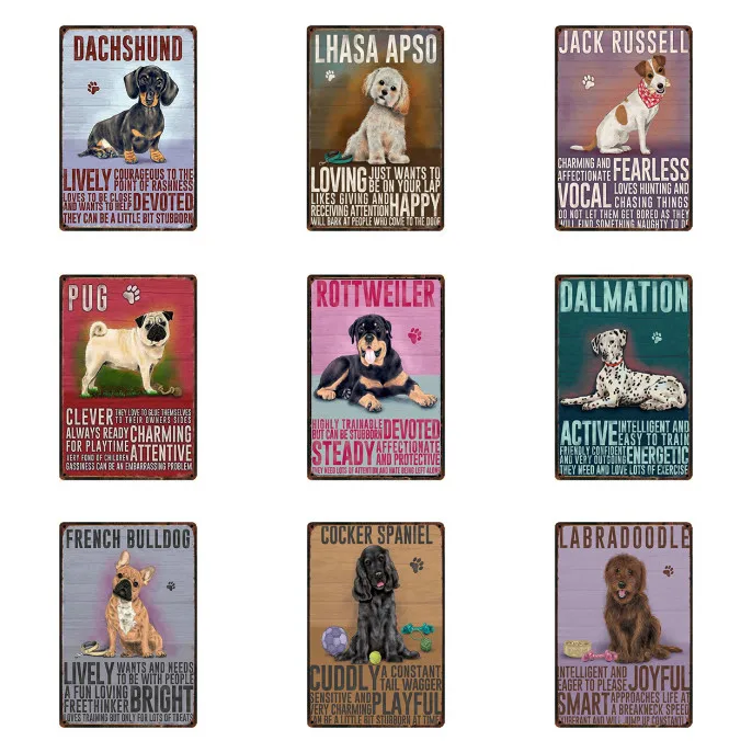 

Retro Style Pet Metal Sign Cartoon Dogs Pug Dachshund Border Collie Greyhound Metal Tin Decor Posters Art Vintage Mural Painting