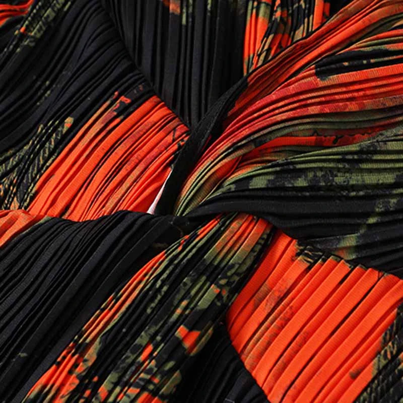 

SeeBeautiful Loose Pressed Pleated Dress Printed V-neck Long Sleeve Cross Knot Dresses New Fashion Spring 2021 Women M071