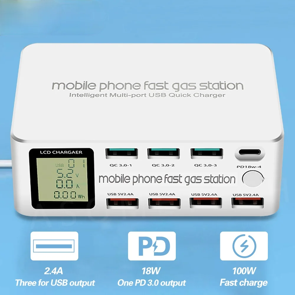 

Charger 100W 8 Port Smart USB Quick Charge 3.0 PD Fast Charge Adapter