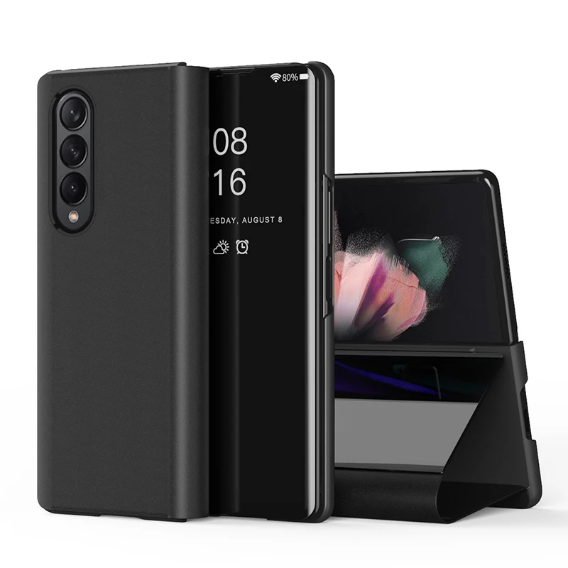 Flip Mirror Case For Samsung Galaxy Z Fold 3 5G Leather Clear Transparent Time display Stand Back Phone Cover Capa Fold3 Fold2