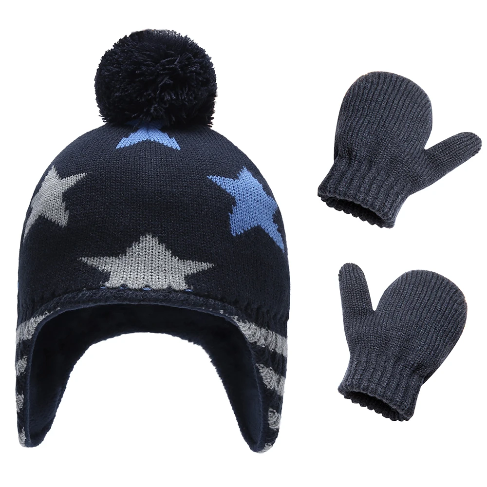 

Winter Hat Gloves Set Boy Earflap Knit Beanie With Pompom Warm Fleece Autumn Stars Skiing Outdoor Accessory Toddler Baby