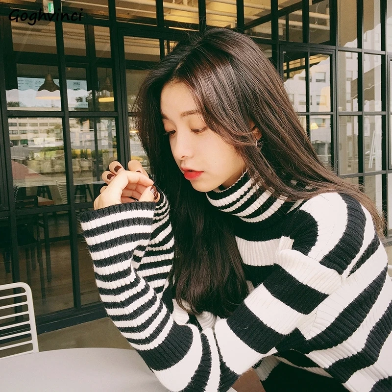 

Sweater Women Turtleneck Striped Classic All-match Elegant Slim Pullover Knitted Student Fashion Girl High Quality Korean Style