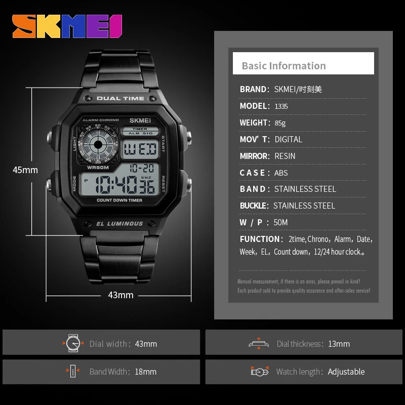 

SKMEI Top Luxury Fashion Sport Watch Men 5Bar Waterproof Watches Stainless Steel Strap Digital Watch reloj hombre 1335