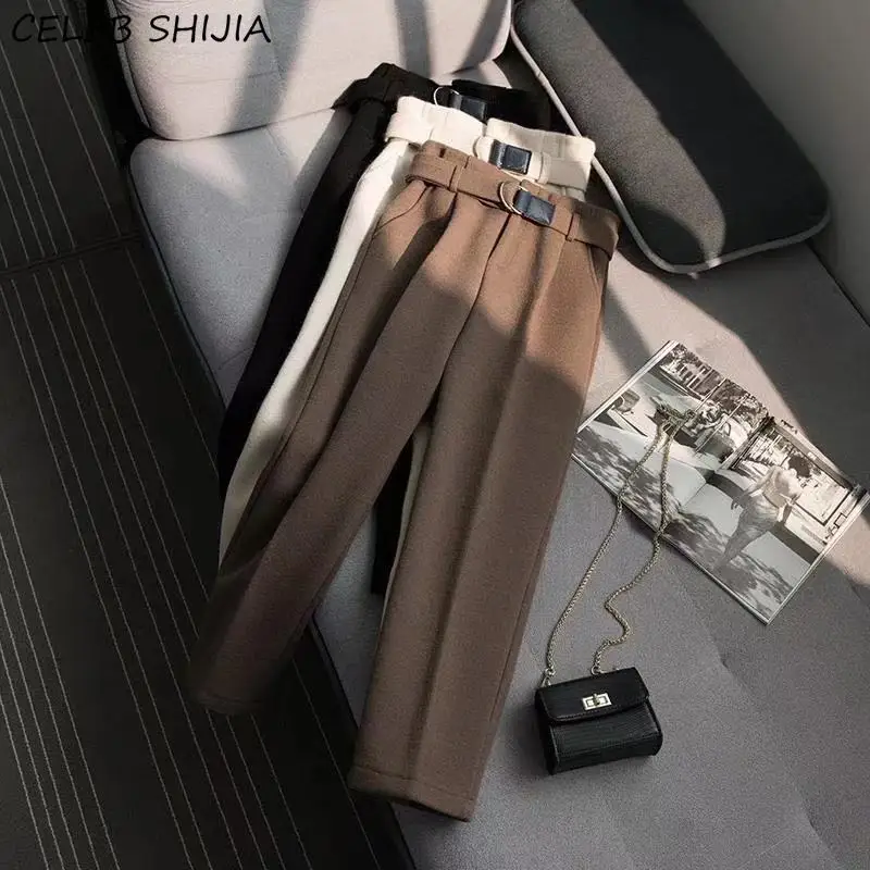 

SHIJIA Women Pants Woolen High Waist Brown Trousers Female Autumn Winter Apricot Solid OL Pants for Woman New Korea
