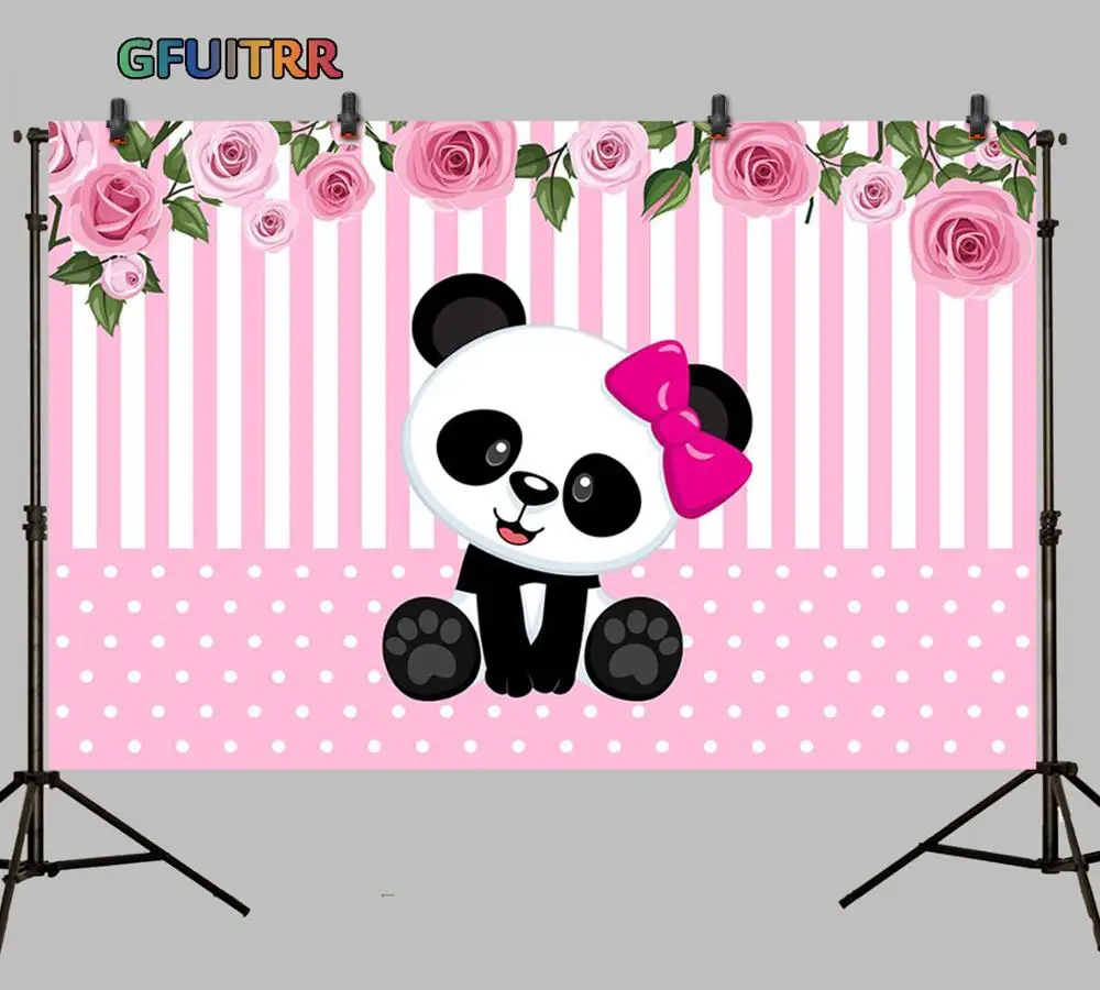 GFUITRR Baby Panda Photography Backdrop Shower Kids 1st Birthday Party Photo Background Pink Floral Vinyl Booth Props | Электроника