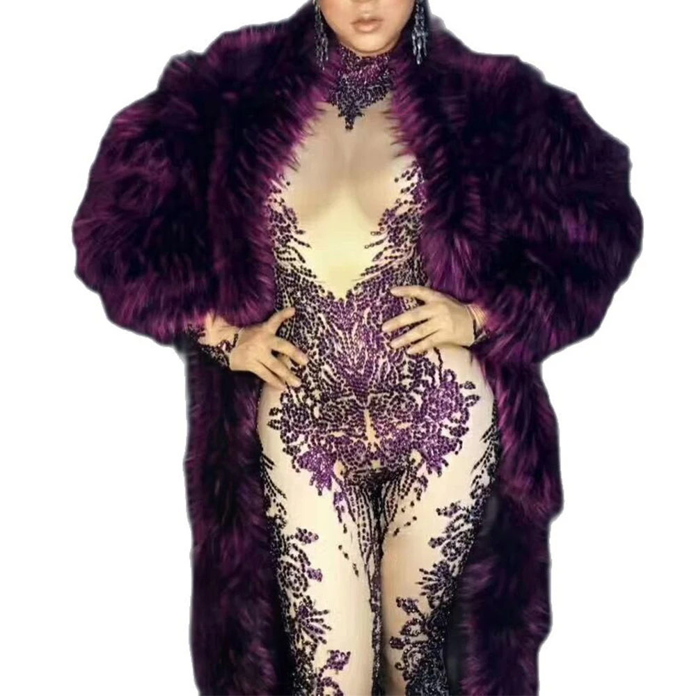 

Purple Rhinestones Pattern Printing Jumpsuit Fur Coat Backless Personality Performance Costume Ladies Party Evening Costume