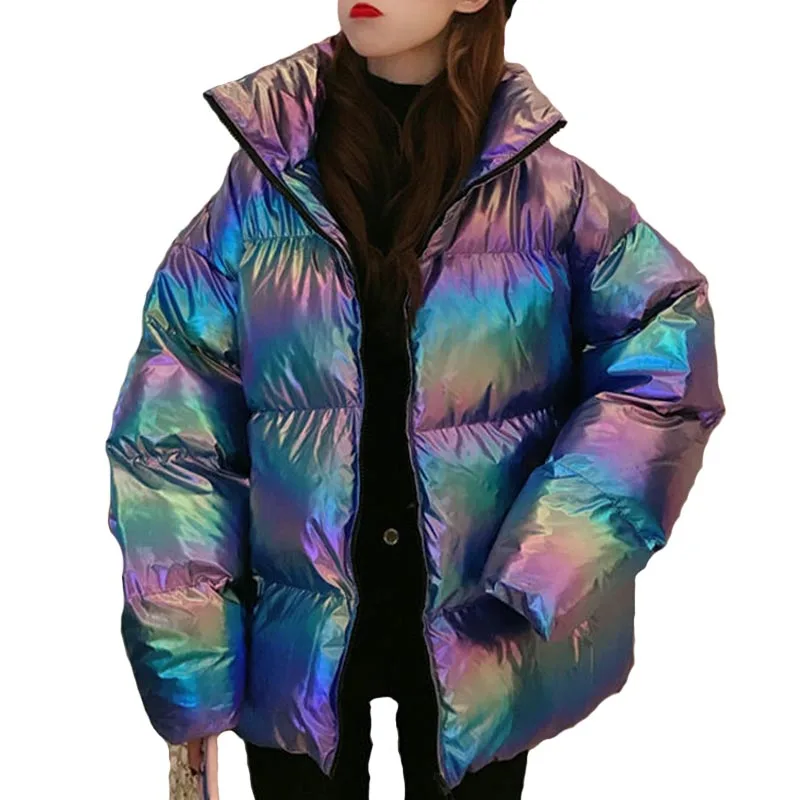 Блестящие неоновые куртки для женщин зима 2022 хлопок стоячий воротник длинный