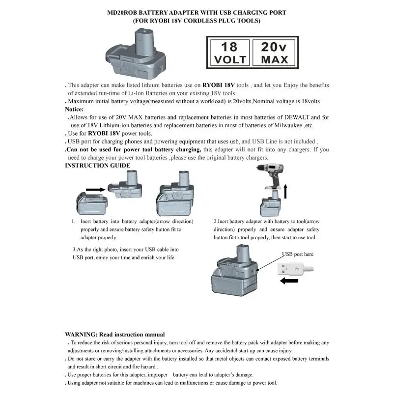 

DM18RL Battery Converter Adapter USB DM20ROB For RYOBI Convert DEWALT 20V Milwaukee M18 to 18V Battery Adapter