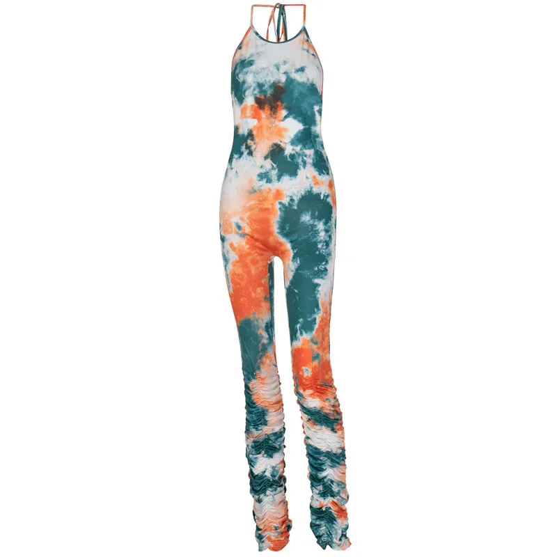 

Women Tie Dye Bodycon Jumpsuits, Halter Sleeveless Open Back Ruched Long Pant Romper Outfits