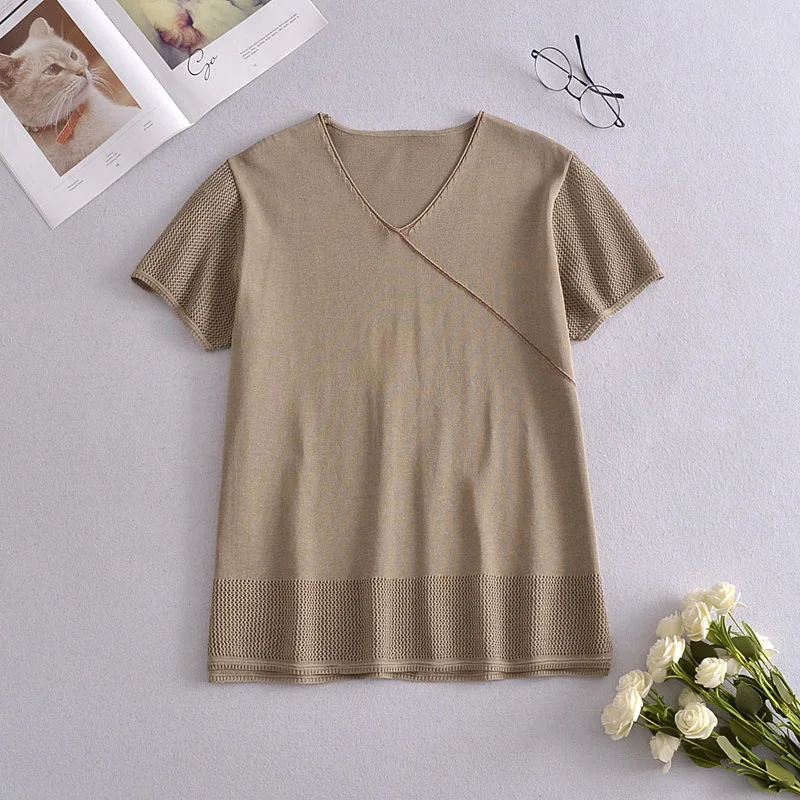 

Korean Style Women's Clothing 2021 Summer New V-neck Hollow Stitching Short Sleeve Pullover Knitted Fashion T-shirt