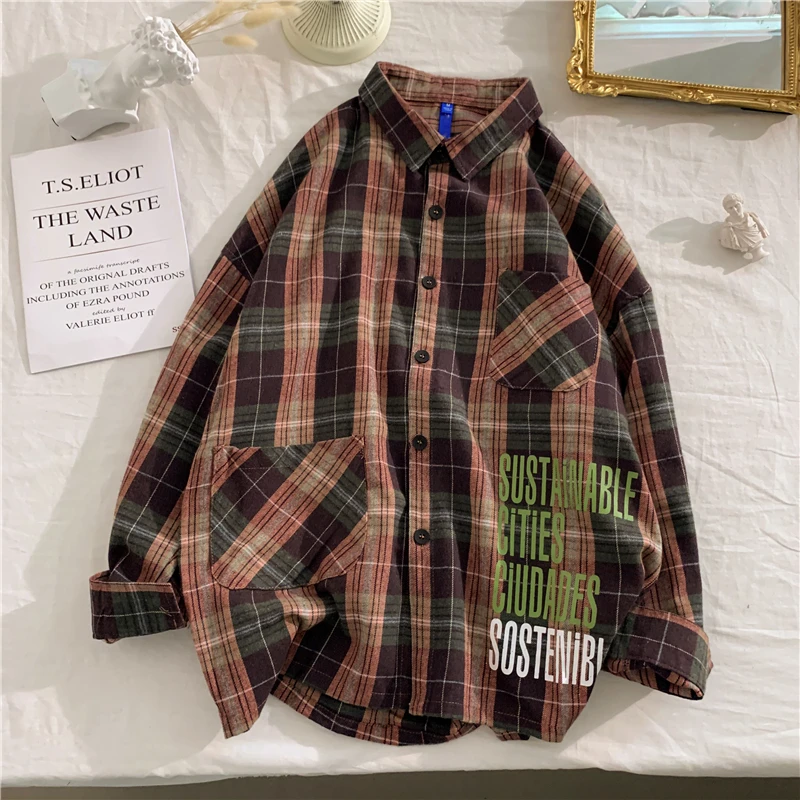 

2021 Spring Long Sleeve Plaid Shirts Couples Clothing Casual Vintage Camisa Masculina Harajuku Hip Hop Tops Fashions Streetwear