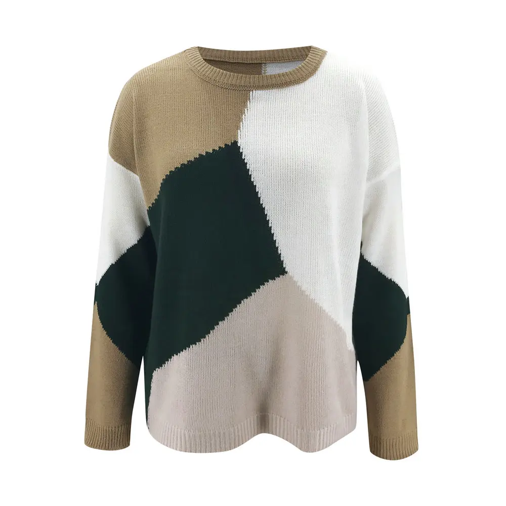 

IZALEWIS Women Sweater O-Neck Loose Contrast Stitching Casual Knitted Sweater Women Clothes 2020 Korean Fashion Dropshipping